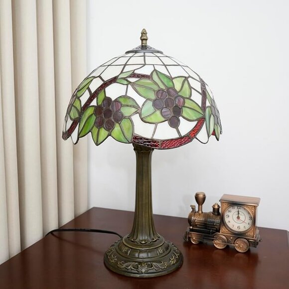 Tiffany Style Lamp Stained Glass Table Lamp 12" Green Leaves Red Grapes Art - Picture 3 of 7